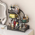 A 3-Tier Metal Cosmetic Organizer with a Varnished End, Featuring a Tissue Box. This Lightweight And No-Installation-Required Storage Rack Can Serve As a Dressing Table Or a Countertop Organizer in The Bathroom