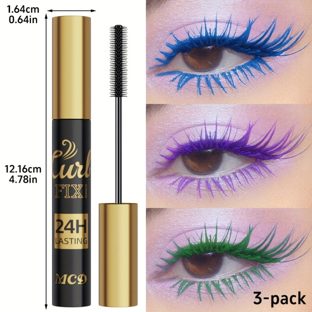 Mascara Set 3-Piece Colorful Bright Shades with Eyebrow Pencil, Eyeshadow Pencil & Waterproof Eyeliner - Long-Lasting Curled Effect Eye Makeup Kit for Everyday, Clubbing & Party Looks