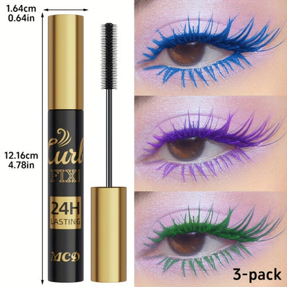 Mascara Set 3-Piece Colorful Bright Shades with Eyebrow Pencil, Eyeshadow Pencil & Waterproof Eyeliner - Long-Lasting Curled Effect Eye Makeup Kit for Everyday, Clubbing & Party Looks