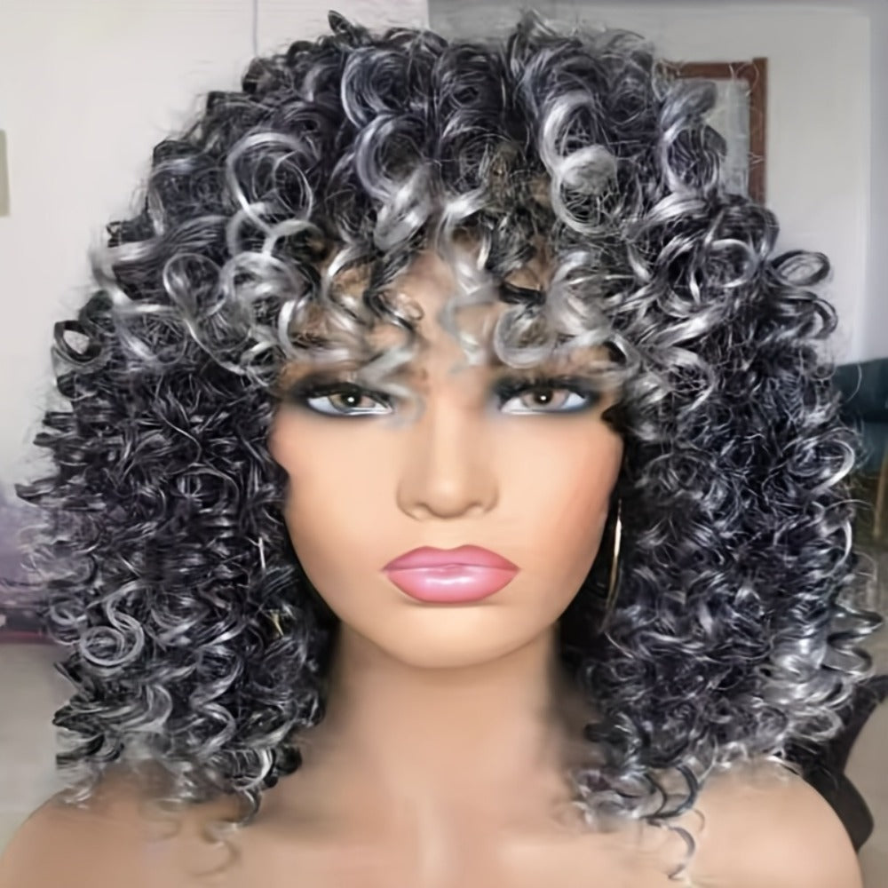 Afro Kinky Curly Wig with Bangs Synthetic 14 Inch for Women Ombre Body Wave Elastic Cap Heat Resistant Black Granny Gray Dark Brown Daily Wear