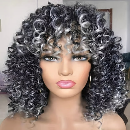 Afro Kinky Curly Wig with Bangs Synthetic 14 Inch for Women Ombre Body Wave Elastic Cap Heat Resistant Black Granny Gray Dark Brown Daily Wear