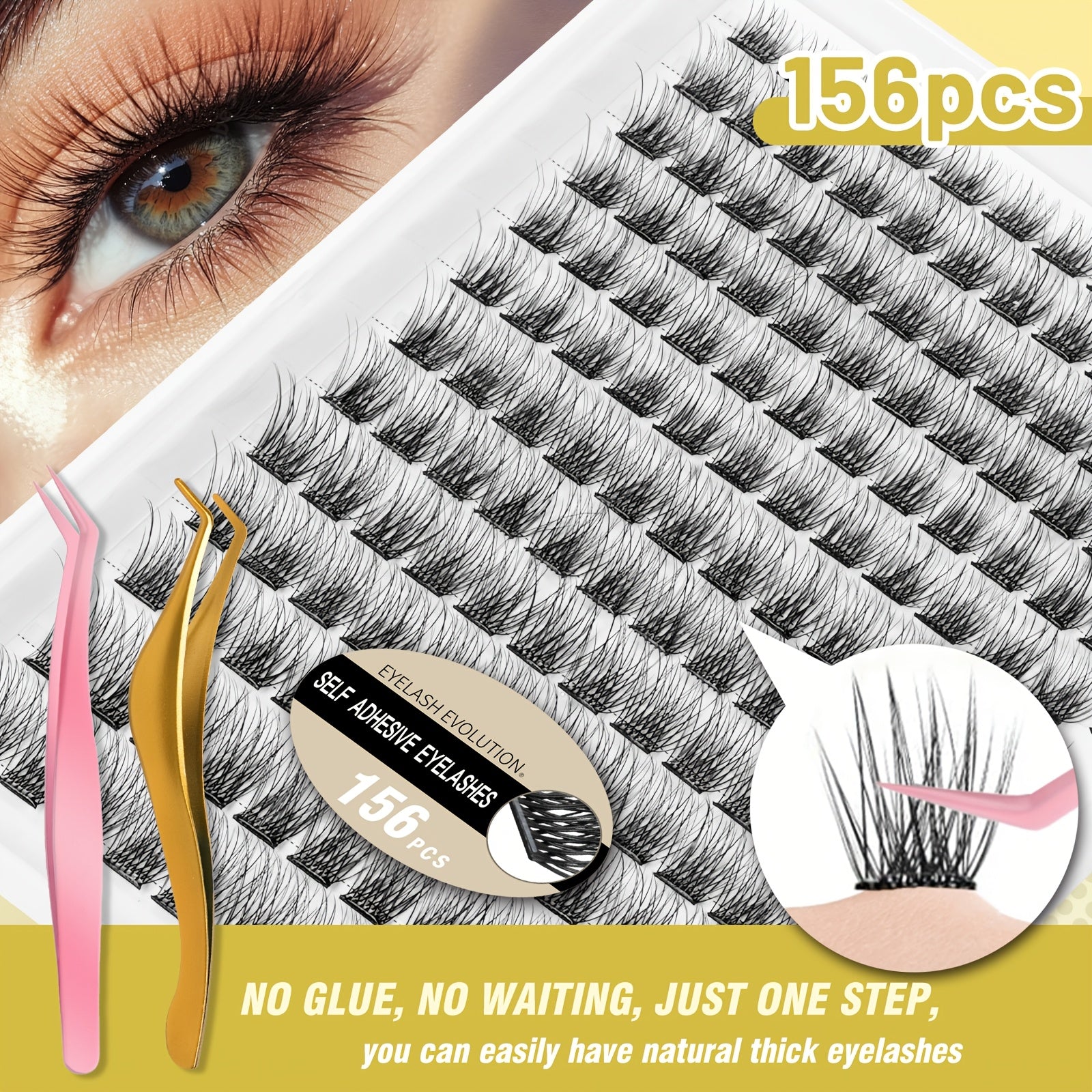 156pcs Self Adhesive Eyelashes Clusters Kit with 2 Tweezers Lash Clusters DIY Eyelashes Pre Glued Reusable No Glue Needed No Remover No Residue