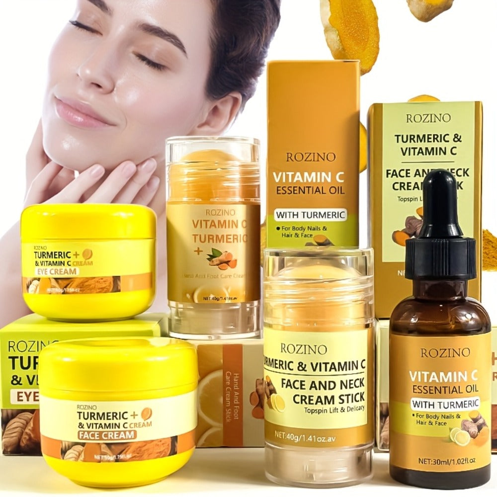 5pcs Turmeric Vitamin C Facial and Hand Foot Care Set, Hydrating Moisturizing Cream with Fine Texture, Instant Hydration, Brightening, Plumping Light Beige, Softens, Smooths, and Balances Light Beige