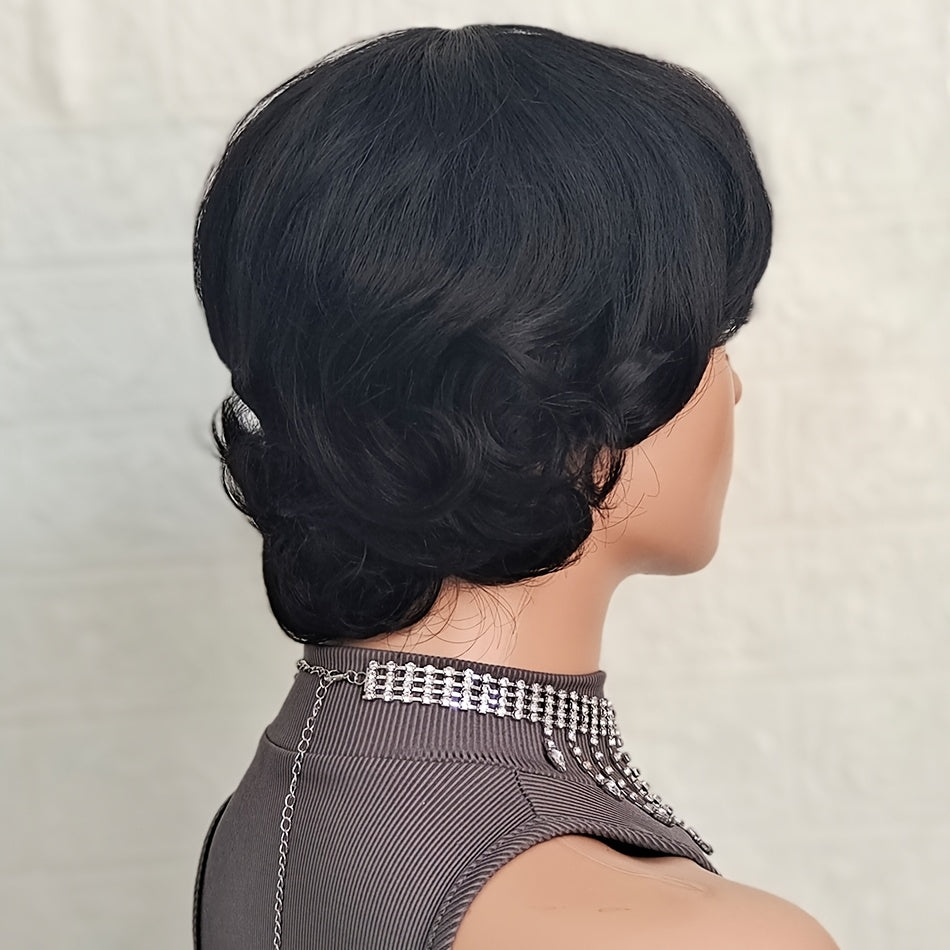Brazilian Human Hair Wig Suitable for Skin Tones - Short Pixie Cut with Bangs, Glueless Layered Machine-Made Wig, Density & for Daily Wear, Throw-On-and-Go Short Black Hairpiece
