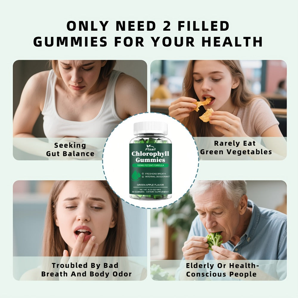 Ftsall Chlorophyll Gummies with Vitamin C, D3, E, B12, Zinc And Irish Sea Moss, Sambucus Elderberry, Echinacea, Apple Cider Vinegar, Freshens Breath Natural Body Deodorizing Supplement, Chlorophyll Herbal Gummies for Women Men Apple Flavor 60 Count