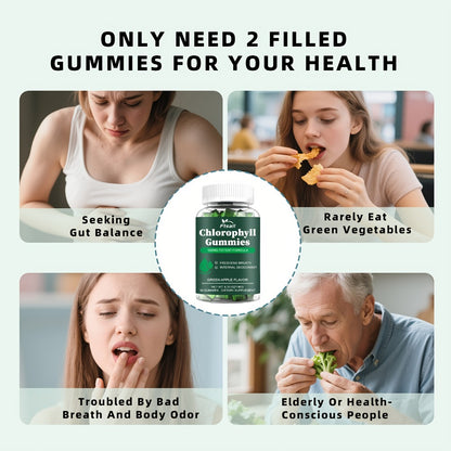 Chlorophyll Gummies 60 Count with Vitamin C D3 E B12 Zinc Irish Sea Moss Elderberry Echinacea & Apple Cider Vinegar — Fresh Breath Body Deodorising Supplement for Women & Men