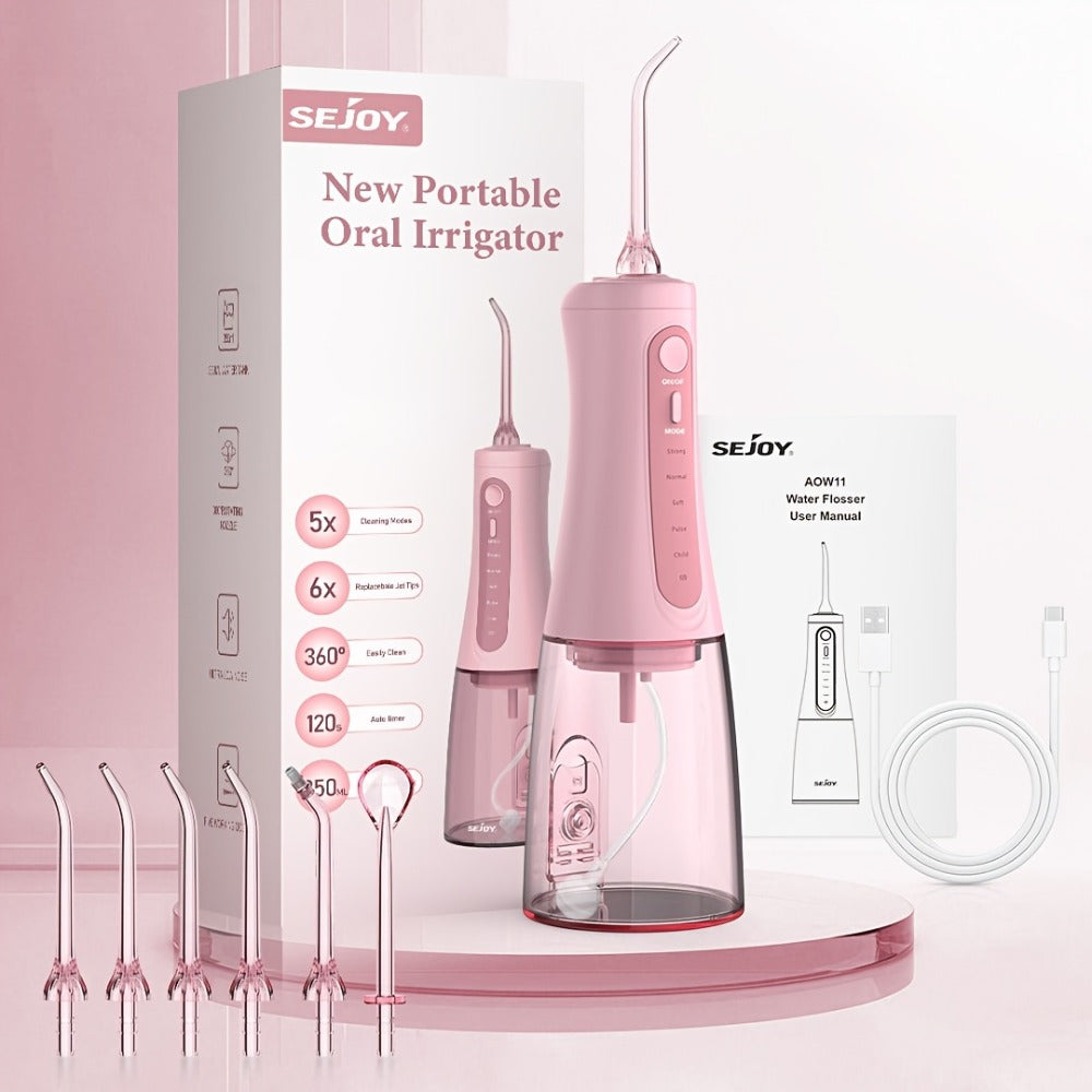 Water Dental Flosser Oral Irrigator — 5 Modes, 6 Tips, IPX7 Waterproof, 350ml Cordless Rechargeable Water Flosser for Braces, Bridges, Travel & Home Teeth Cleaning