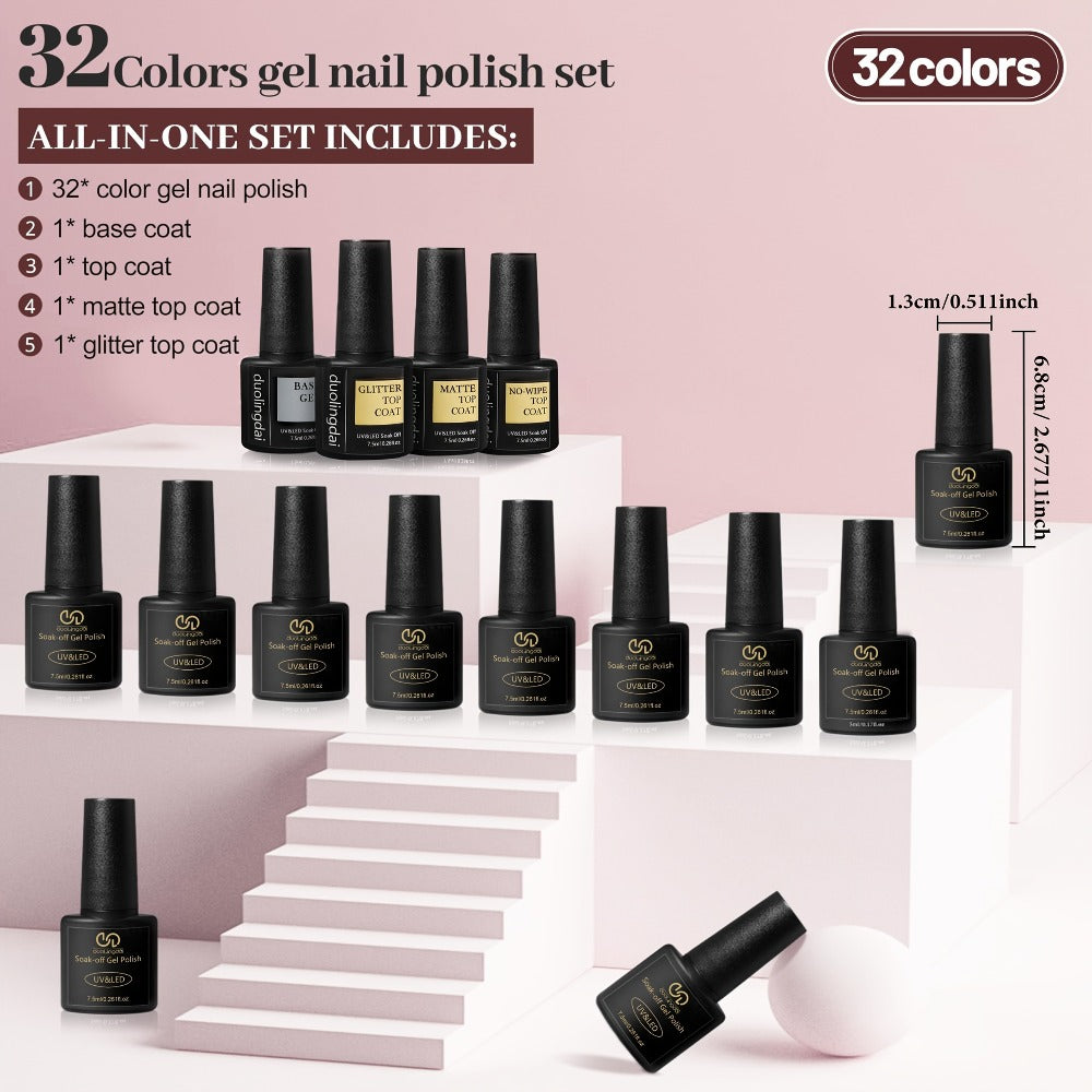 36pcs PC5 Gel Nail Polish Set - 32 Colors Gel Polish Kit Base Coat Glossy Matte And Glitter Top Coat Nail Polish Set Green Blue Red Pink Collection Gifts for Women