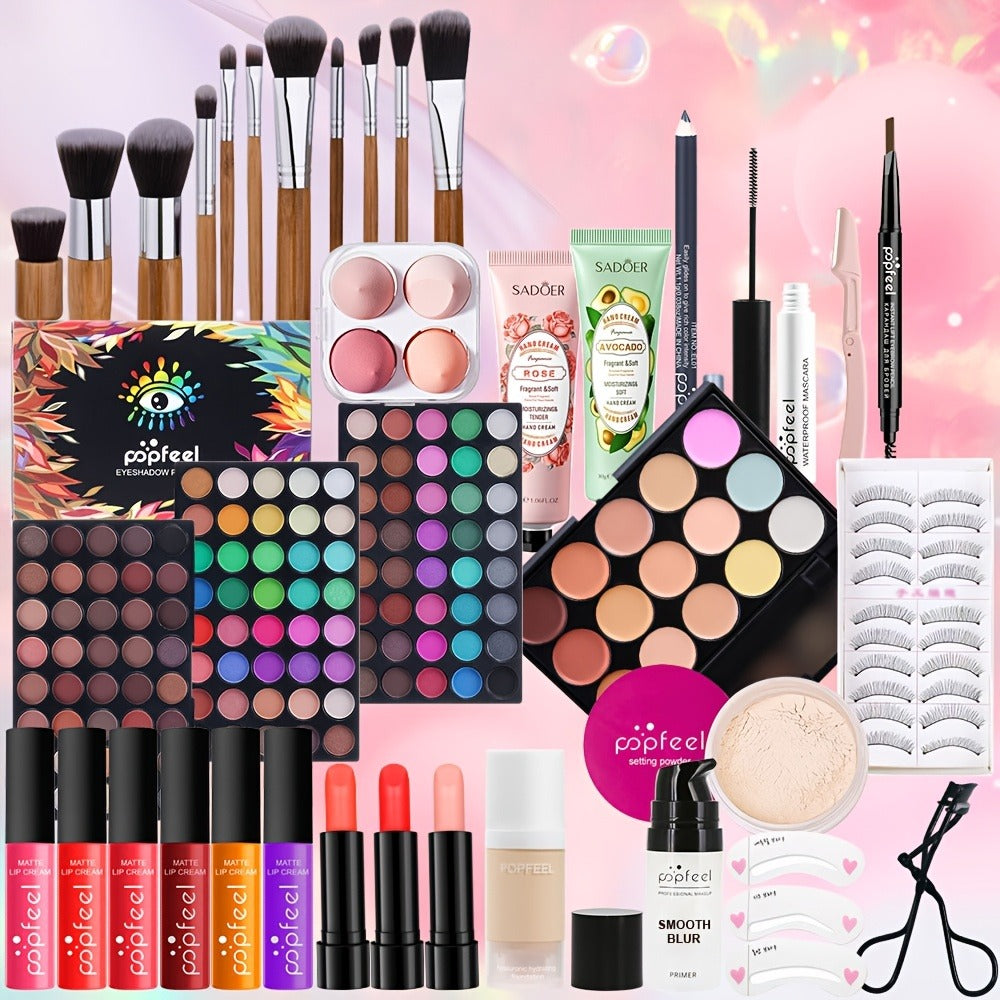 Makeup Set with Eyeshadow Palette, Makeup Brushes & Lip Color — POPFEEL Professional Multi-Shade Kit for Full Face Looks, Perfect Valentine's Day & Mother's Day Gift for Beauty Lovers