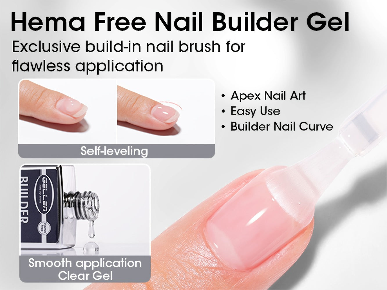 Gellen Clear 5-In-1 Hema-Free Builder Gel for Nails, 0.68oz for Nail Strengthener in a Bottle, for Nail Extension Hard Gel, Soak Off Long-Lasting Light, Base Coat Top Coat Needed