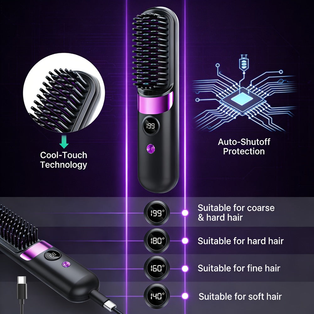 Ionic Hair Straightener Brush, USB-C Rechargeable And Adjustable Temperature - 3-In-1 Straightener for Frizz Control And Shine, Anti-Scald | Salon Results at Home