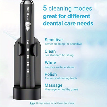 Electric Toothbrush for Adults Sonic Rechargeable 5 Cleaning Modes 6 DuPont Brush Heads 40000 VPM 120-Day Battery 2-Minute Smart Timer Whitening Sensitive Polish Massage USB Charge Travel Ready