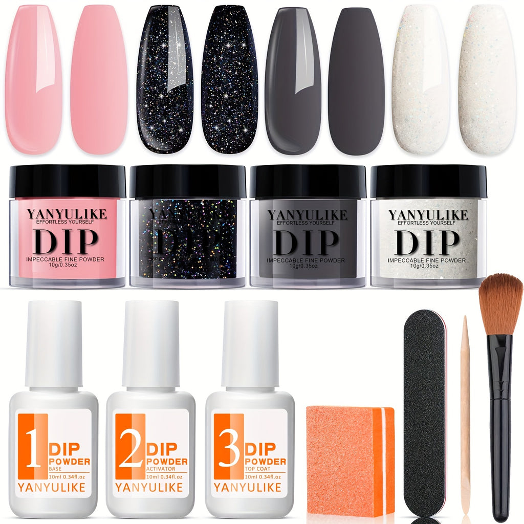 A Starter Kit for Dip Powder Nails Featuring Four Colors: Soft Gray, Pink, Black Glitter, Along with Essential Liquids Including Base And Top Coats, Activator, Perfect for French Nail Art And Salon-Style Manicures