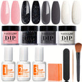 A Starter Kit for Dip Powder Nails Featuring Four Colors: Soft Gray, Pink, Black Glitter, Along with Essential Liquids Including Base And Top Coats, Activator, Perfect for French Nail Art And Salon-Style Manicures