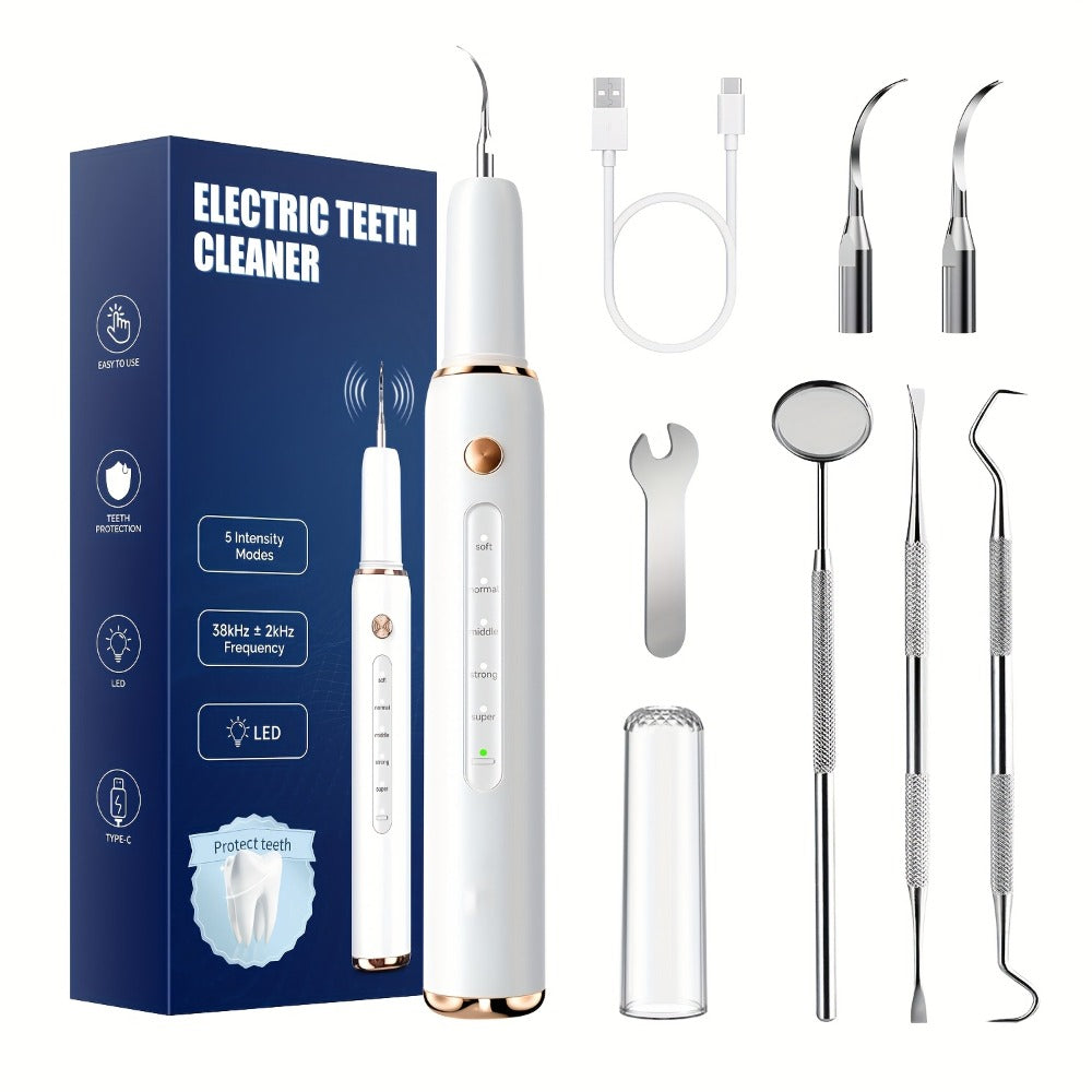 Rechargeable Tooth Cleaner with 5 Speed Modes, IPX6 Splash-Resistant, USB Charging, Mirror And 2 Interchangeable Tips, Tartar Cleaner for Clearing Gaps, Dental Cleaner with LED Light, Dental Cleaner for Stains And Tartar Removal