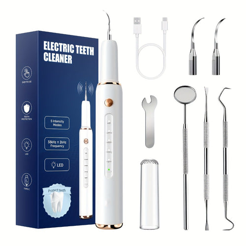 Electric Tooth Cleaner 5-Speed Ultrasonic Tartar Remover USB Rechargeable IPX6 Waterproof Dental Scaler with LED Light Mirror 2 Tips Plaque Stain Removal Tool for Home Oral Care