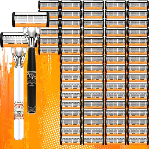 Men's Razor 72 Blades 2 Non-Slip Handles Painless Shaving Kit - Progressive Classic Style Safety Razor Set Ideal Gift for Men Birthday Father's Day