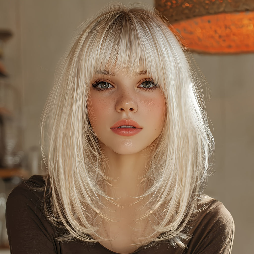 [Valentine's Day] White Golden Short Straight Women's Wig with Bangs, New Fashionable, Comfortable, Breathable And Lightweight, for Wedding Season, Parties, Daily Dressing, Women's Holiday Gifts, Elegant Golden Women's Synthetic Wig, Original, Valentine's