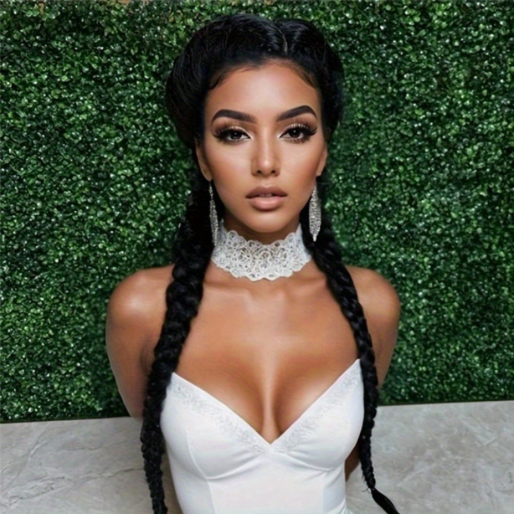 26 Inches Natural Black Synthetic Lace Front Wig High-Temperature Fiber Elegant Women's Braided Lace Front Wig, 13x4 Lace Front Wig with Hair, Versatile and Suitable for All 250 Density Rainbow