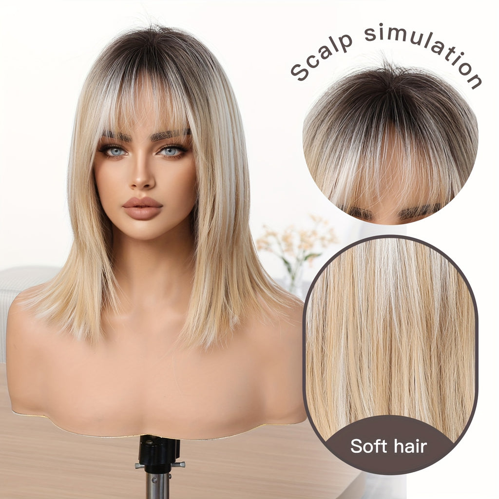 16 Inch Women's Elegant Gradient Platinum Blonde Shoulder Length Hair with Bangs, Chemical Fiber Wig Rose Hairnet High Temperature for Various Occasions