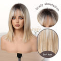 16 Inch Women's Elegant Gradient Platinum Blonde Shoulder Length Hair with Bangs, Chemical Fiber Wig Rose Hairnet High Temperature for Various Occasions