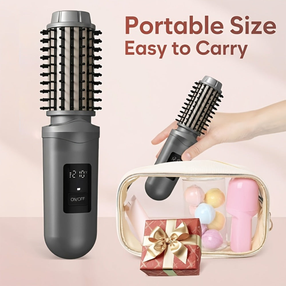 Cordless Hair Curler And Straightener Brush, Wireless Hair Curler, Wireless Curling Brush for Women, Rechargeable 2-In-1 Styling Tool with LED Display