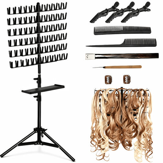 Braiding Hair Rack with Tray, 144 Pegs Height Adjustable Braiding Rack, 2-side Hair Extension Holder Hanger, Hair Stand with Stylist Hair Braiding Tools for Hair Salon Home Traveling