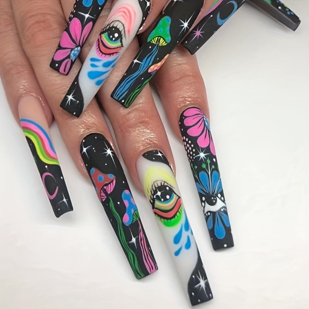 5 Boxes (120pcs Extra Long Press on Nails Fake Nails Set - Cosmic Eyes And Crystal Rhinestones Matte with Glue on Nails Colorful Stripes Floral Patterns Wearable Nail Art Festive Gift Set