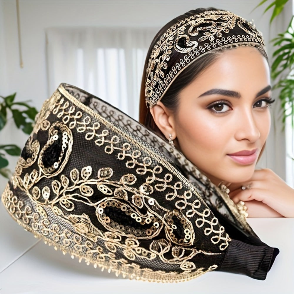 2pcs Elegant Lace Embroidered Sequin Flower Headbands - Wide, Non-Slip Hair Hoops for Women | Perfect for Spring & Summer | Chic Retro Style | Ideal Gift