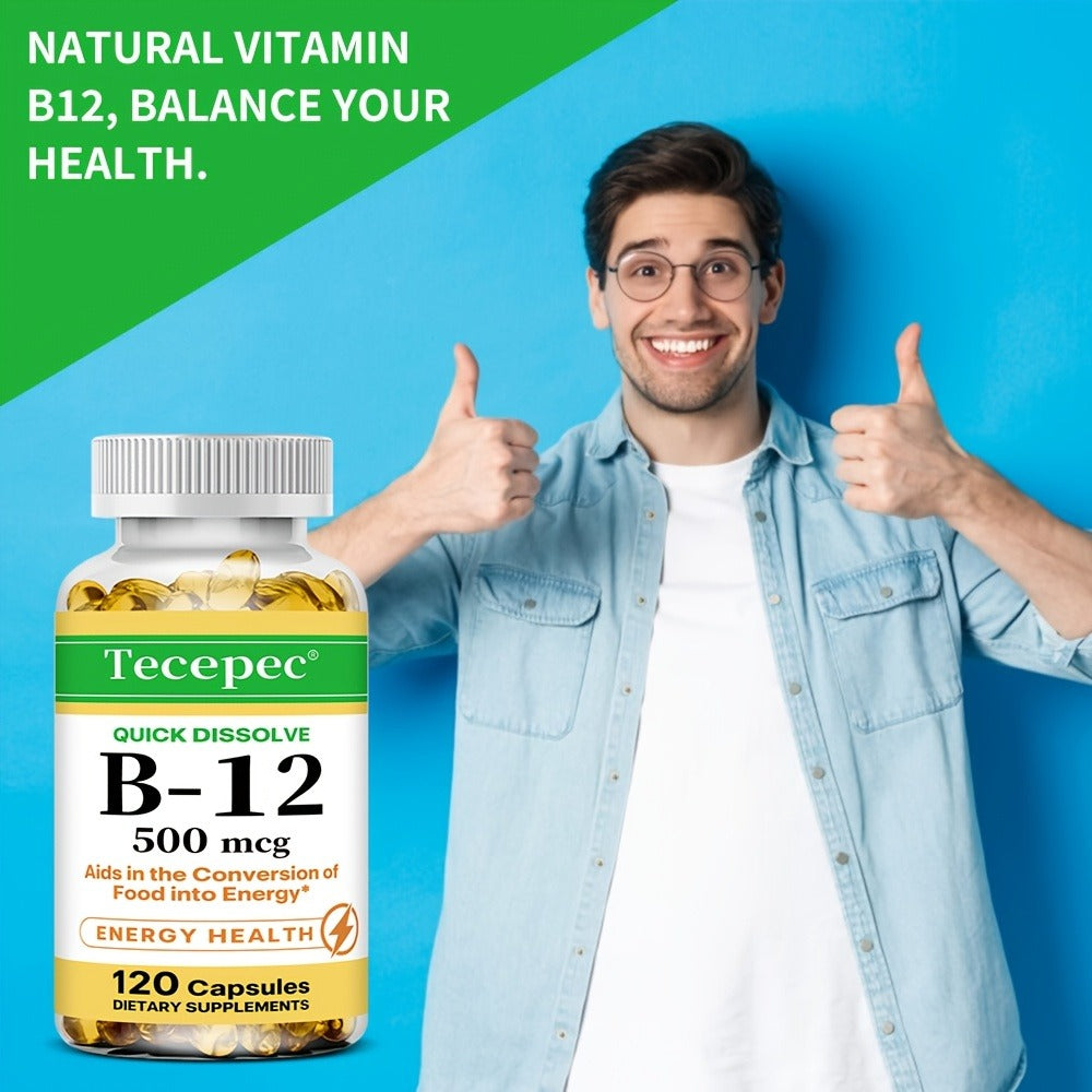 Vitamin B12 Dietary Supplement - 500 Mcg Per Serving, Premium Formula - Supports Nervous System And Cardiovascular Health - Supports Nutrient Absorption And Daily Vitality - Suitable For Men And Women - 120 Capsules