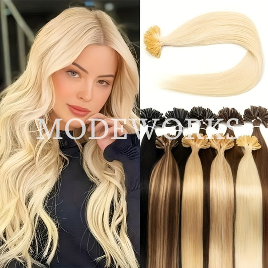 50pcs Real Remy Human Hair Keratin Nail U Tip Hair Extensions Compatible for all Hair Types (Clip-In/Clip-On, No Glue/Sew) - 12-20 Inch Light Blonde & Golden Blonde Highlights, Invisible Straight Brown/Blonde/Beige/Light Brown Tones, Clip-On ()