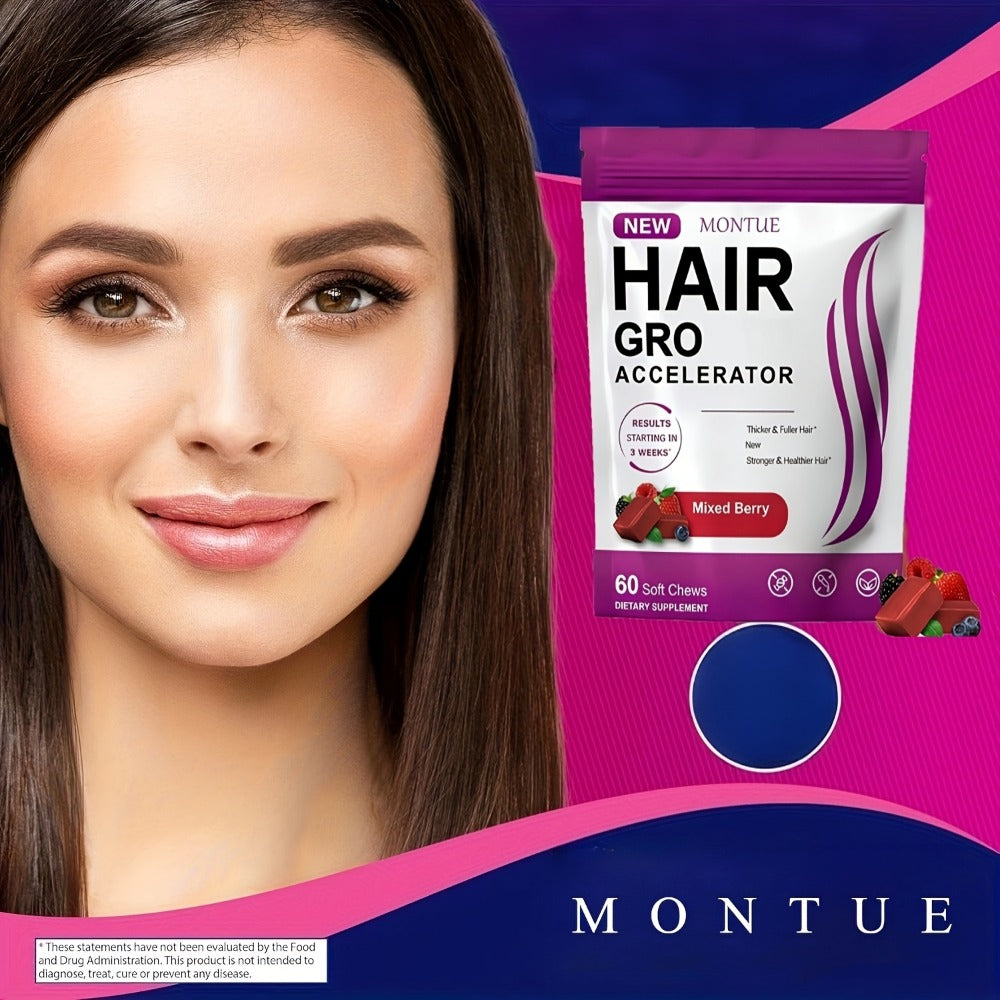 [Hair Gummies 60 Chews] MONTUE Biotin Hair Gummies for Hair Care, Daily Hair Nourishment Supplement with Arginine, Vitamin C & Vitamin E, Mixed Berry Flavor, 60 Soft Chews