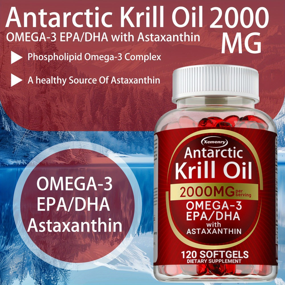 Antarctic Krill Oil - 2000 Mg - Rich in Omega-3 EPA, DHA and Astaxanthin - Supports Bone, Immune Health - 120pcs