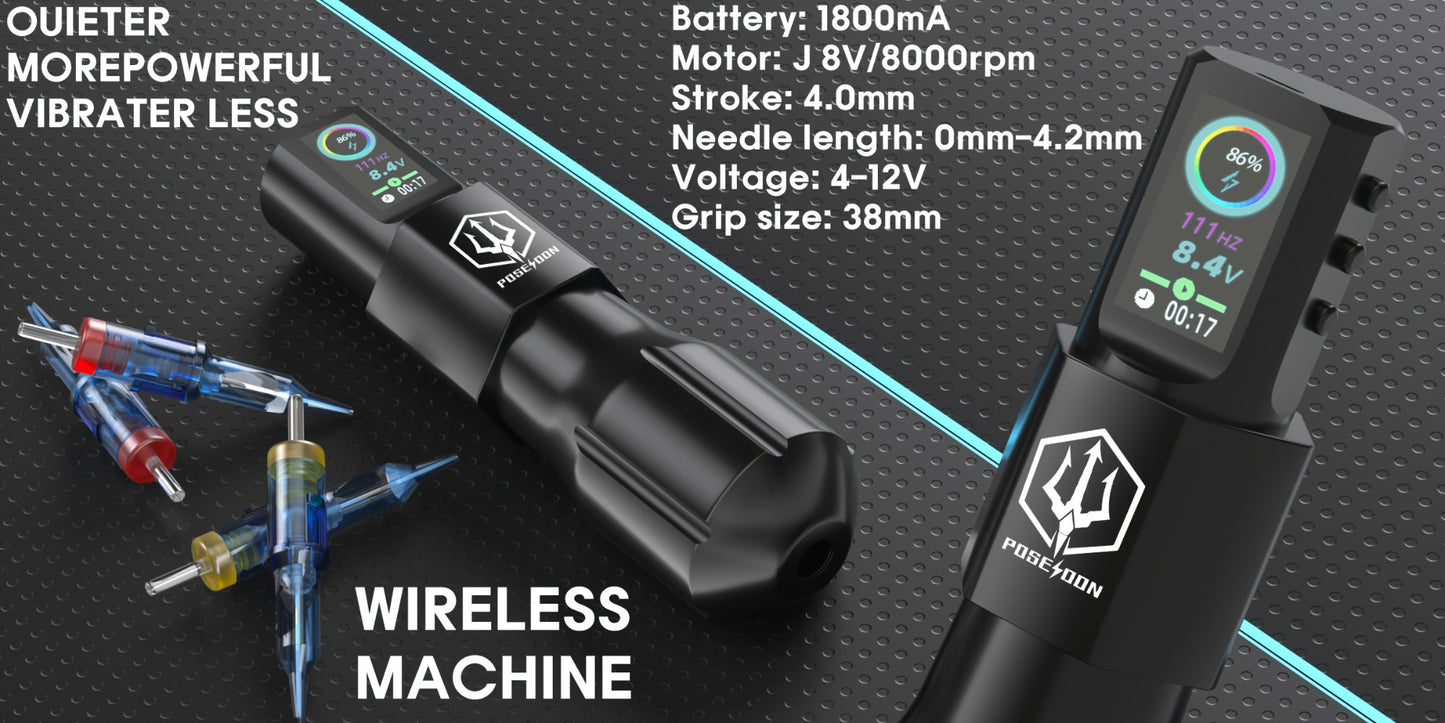 Wireless Tattoo Kit Complete - POSEIDON Battery Tattoo Pen LCD Color Screen 20 Cartridge Needles 11 Ink Bottles 6-Hour Runtime Full Tattoo Supplies for Beginners & Artists