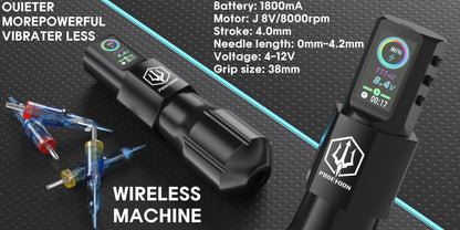 Wireless Tattoo Kit Complete - POSEIDON Battery Tattoo Pen LCD Color Screen 20 Cartridge Needles 11 Ink Bottles 6-Hour Runtime Full Tattoo Supplies for Beginners & Artists