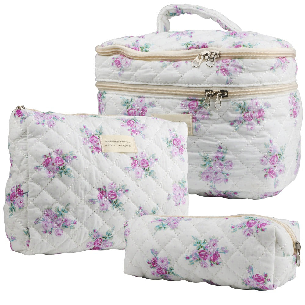 Large Capacity Dual Layer Cotton Makeup Cosmetic Bag (3PCS), Cute Quilted Travel Coquette Aesthetic Floral Make up Bag for Women Toiletry Bag (Blue Rose)