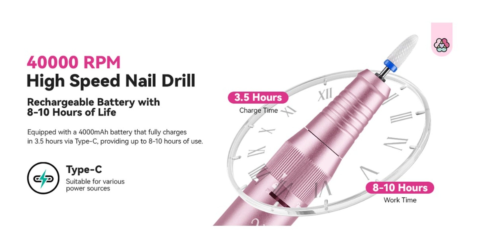 SAVILAND Professional Nail Drill 40000 RPM | Bright Pink Diamond Nail Drill Kit with 4000 mAh Rechargeable Battery, LCD Display, Brushed Motor, Includes Ceramic Nail Drill Bits and Sanding Bands for Salon Use