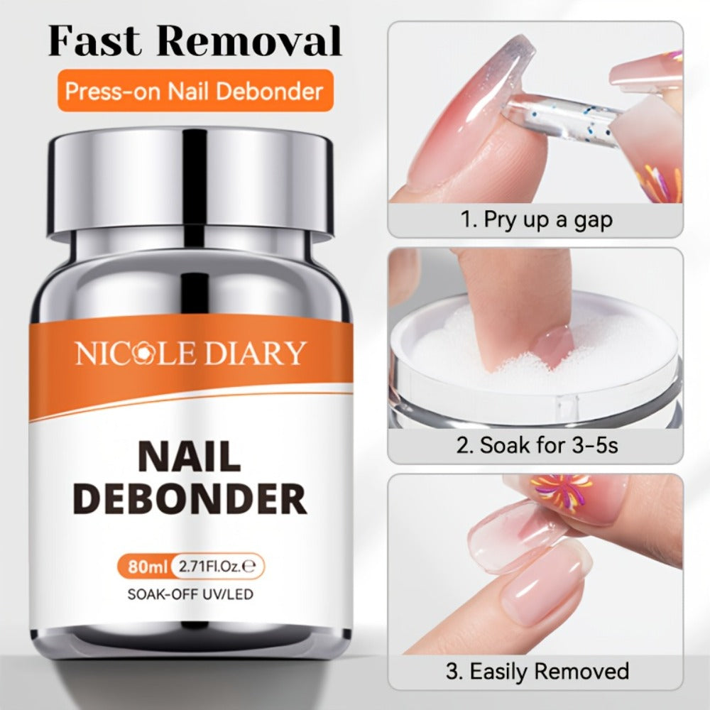 NICOLE DIARY 2.71oz Nail Debonder Remover for Press on Nails Nails Rhinestone Remover Tools Quick Remover 3-5s Soaking Liquid False Nails Tips Easy to Remove