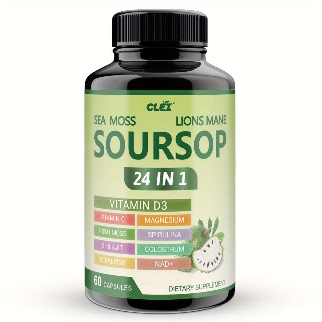 Soursop Graviola Capsules - Laboratory-tested Advanced Ingredient Blend - 24IN1 = Digestion, GUT Health, Provides Antioxidant Benefits for Man and Woman. - 60 CAPSULES