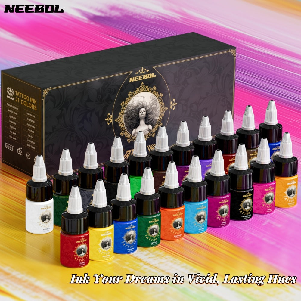 14/21 Color Ink Set Neebol Tattoo Ink 0.5oz/ 15ml Per Bottle Long-Lasting Vibrant Tattoo Ink Colors Kit Tattoo Supply Accessories Suitable for Various Tattoo Styles And Patterns Body Art Makeup Easter Gifts for Beginners And Artists
