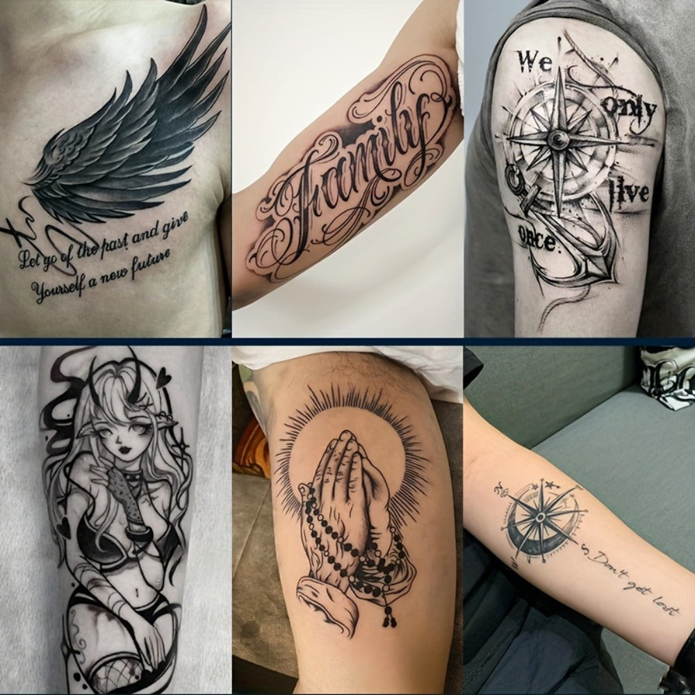 Semi-Permanent Tattoo Stickers 6 Large Sheets | Herbal Formula Lasts 7-15 Days Waterproof Friction-Resistant | Realistic Compass Wings Anchor Body Art | Pain-Free Fake Tattoo for Men Women