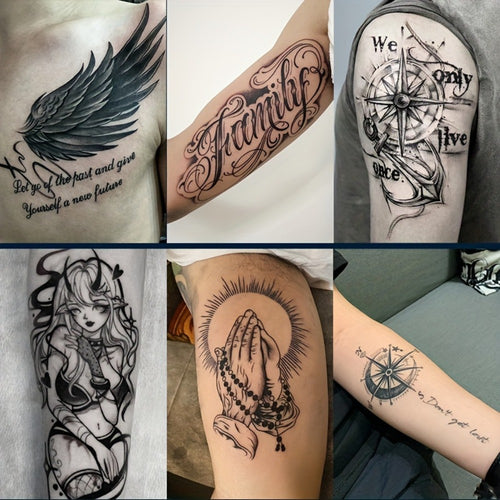 Semi-Permanent Tattoo Stickers 6 Large Sheets | Herbal Formula Lasts 7-15 Days Waterproof Friction-Resistant | Realistic Compass Wings Anchor Body Art | Pain-Free Fake Tattoo for Men Women