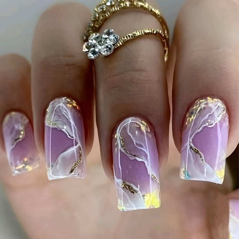 144pcs Coffin Press On Nails Medium Length Fake Nails Artificial False Nails with Blue Marble & Sequins Designs Glossy Acrylic Nails Nude Full Cover Glue On Nails for Women 6pcs