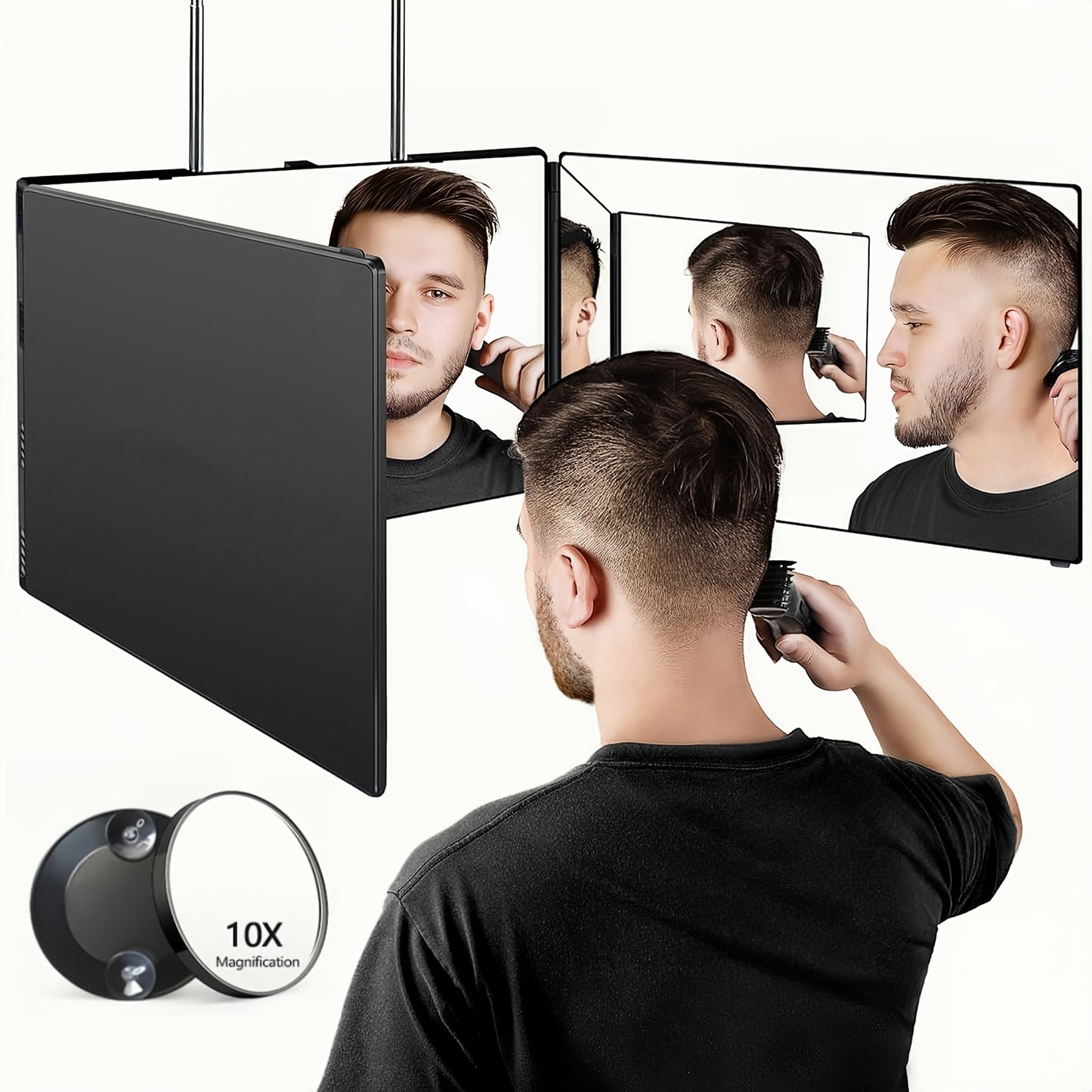 Self Hair Cutting Mirror 360° View 3-Way Anti-Fog HD Glass with 10X Magnifying Mirror - Height Adjustable Door Wall Table Mount DIY Barber Mirror for Home