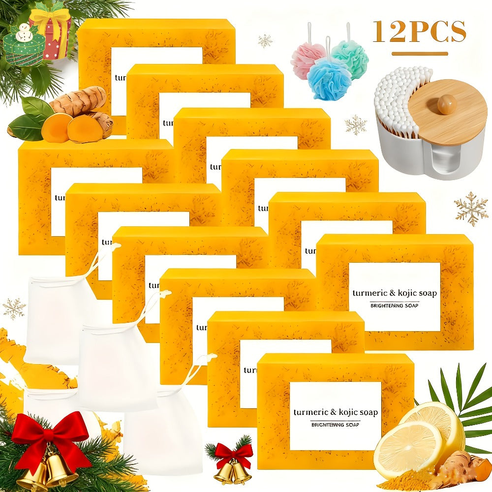 2/6/12pcs Handmade Cold Processed Turmeric, Lemon & Kojic Acid Soaps for Cleansing - Forface & Body - Includes Bubble Net + Dopamine Bath Ball + Towel. Deeply Cleanses, Hydrates, for All Skin Types.Valentine'S, Easter & Mother'S Day Gifts!
