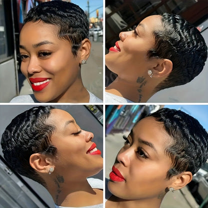 Human Hair Pixie Cut Wig for Women — Brazilian Deep Wave Short Wig with Bangs, 150% Density, Glueless Rose Net Cap, Natural Layered Style, Daily & Party Wear, All Occasions