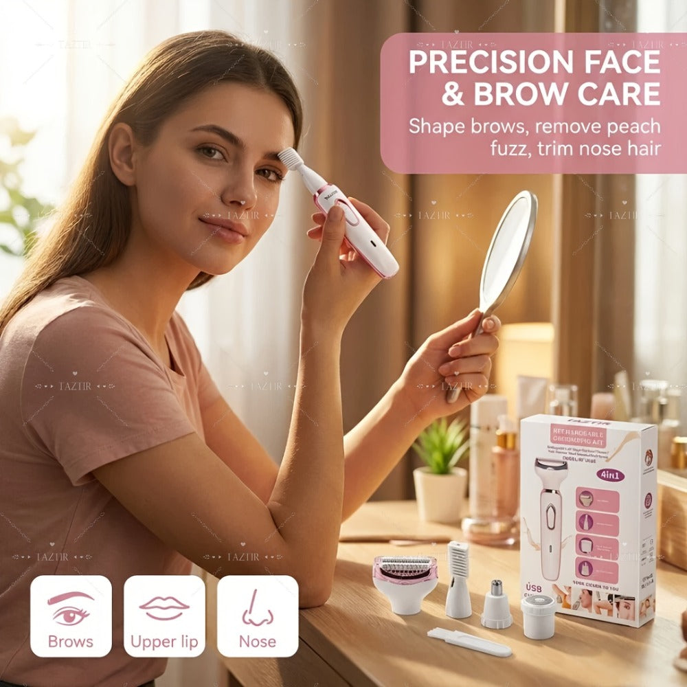 Electric Razor for Women, 4-in-1 Rechargeable Grooming Kit | Limited Luxury Set | Ultimate Shaving Care Gift, Lady Electric Shaver for Face, Nose, Legs And Underarm, Bikini Trimmer for Women Wet & Dry Painless, Hair Razor Rechargeable & Portable