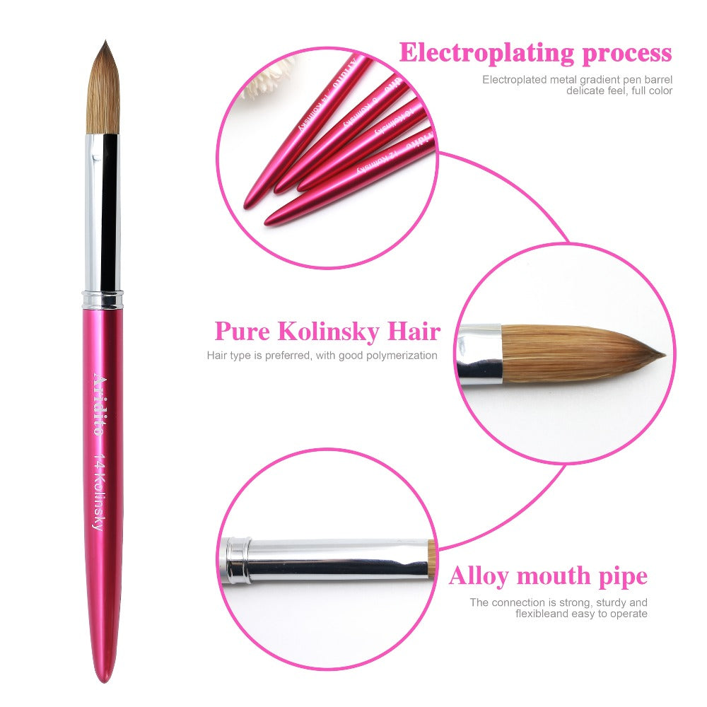 Aridito Professional Acrylic Nail Brush with 100% Kolinsky Hair - Flat Shape, Rose Red Handle & Cap for Manicure and Pedicure (Sizes 8, 10, 12, 14), Nail Art Accessories | Sleek Finish | Kolinsky Hair Bristles
