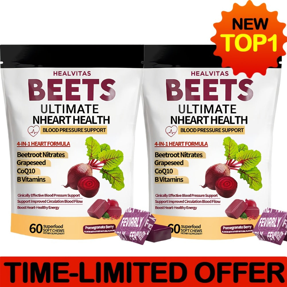 Super Beetroot Chewable Gummies Contains CoQ10, Beetroot Powder, Grape Seed Extract, Multivitamins, Supports Healthy Blood Pressure, Heart Health, Circulation & Blood Flow, 60/120 Soft Chewable Gummies