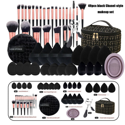 Professional Makeup Brush Set 49Pcs Super Soft Nylon Bristles Concealer Contour Sponge Expandable Box Eyeshadow Powder Highlight Blending Kit Wet Dry Use Black Milky White
